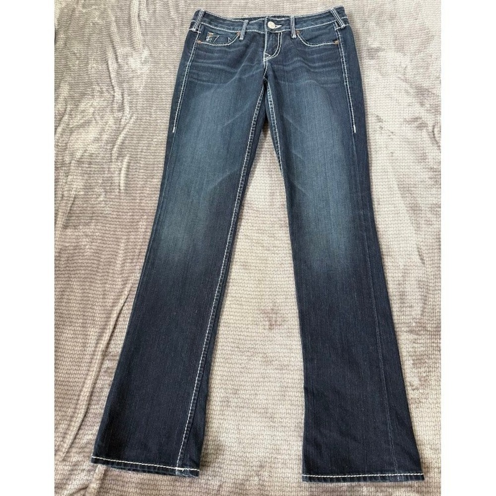 True Religion Joey‎ Flare Jeans Dark Wash White Stitch Low Rise 27X32.